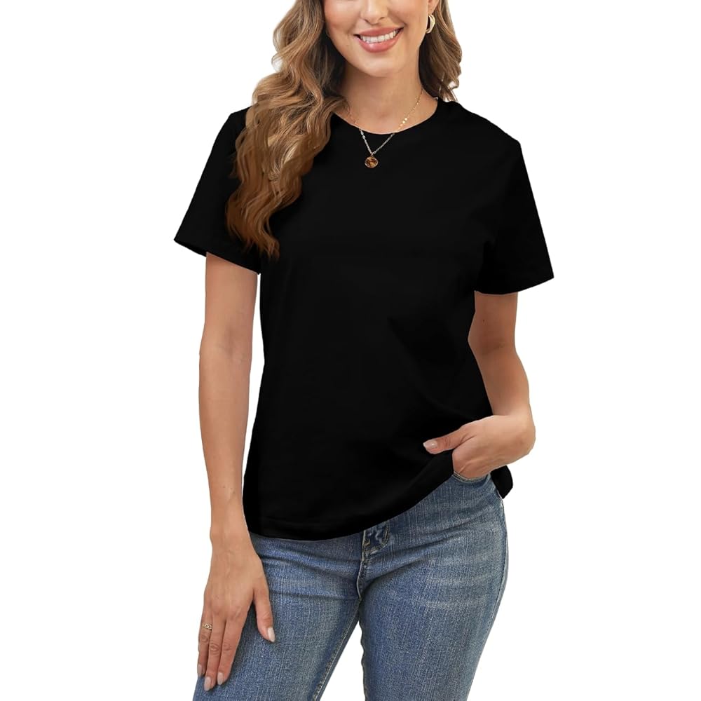 100% Cotton Black Basic T Shirts for Women, Crew Neck Short